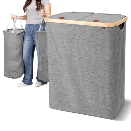 CleverMade Lidded Double Hamper LUXE with Bamboo Frame & Removable Bags, Stone