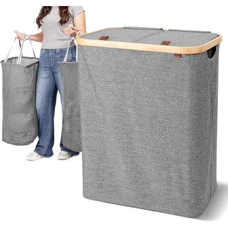 CleverMade Double Lidded Laundry Hamper LUXE, Stone