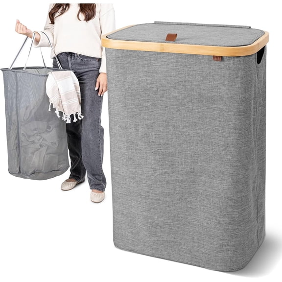 CleverMade Lidded Laundry Hamper LUXE, Stone, Single