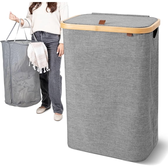 CleverMade Lidded Single Hamper LUXE with Bamboo Frame & Removable Bags, Stone
