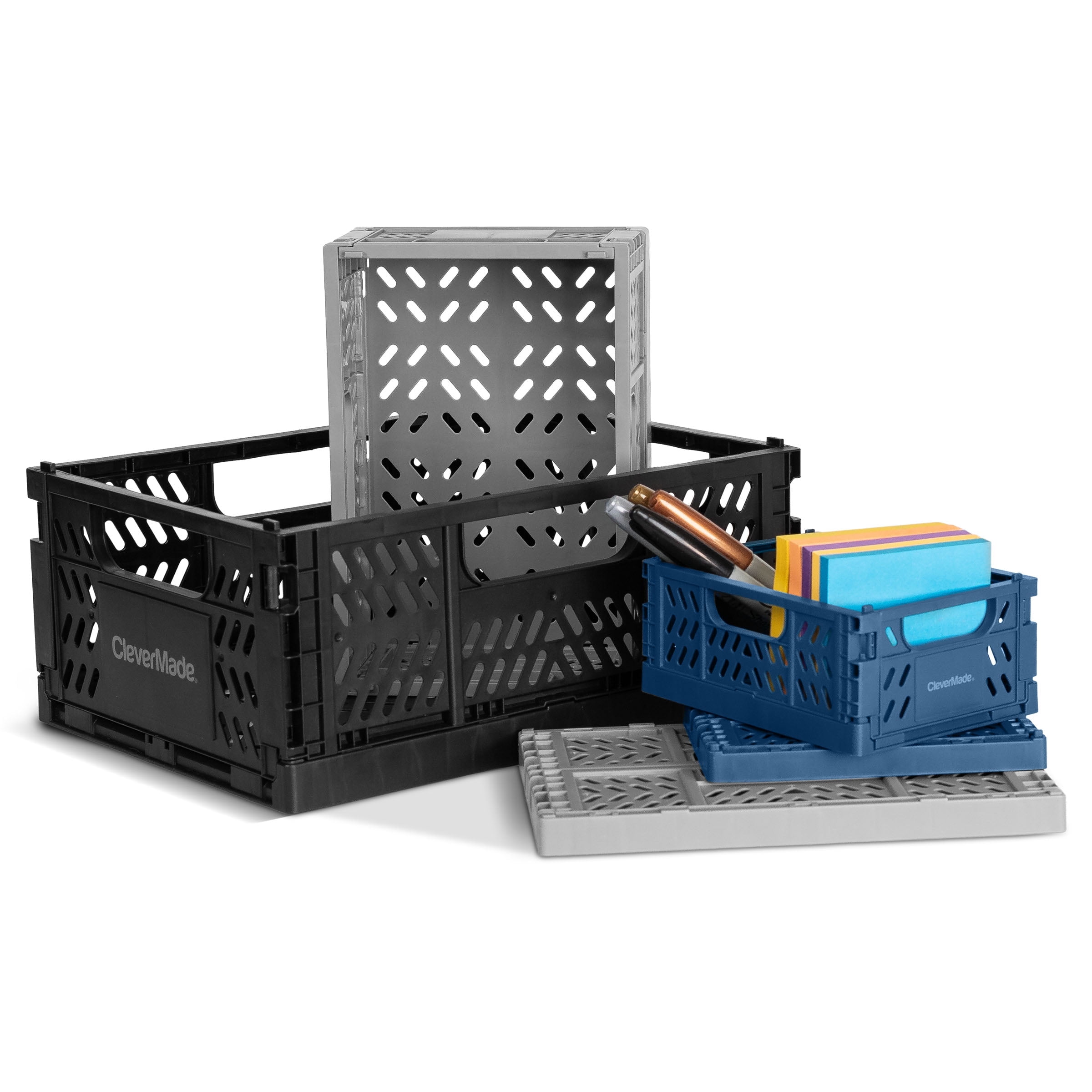 CleverMade Mini Crate Bundle - Small (0.9L) Ocean (x2), Medium (2.5L) Stone (x2), Large (7.5L) Obsidian (x2) (6PK)