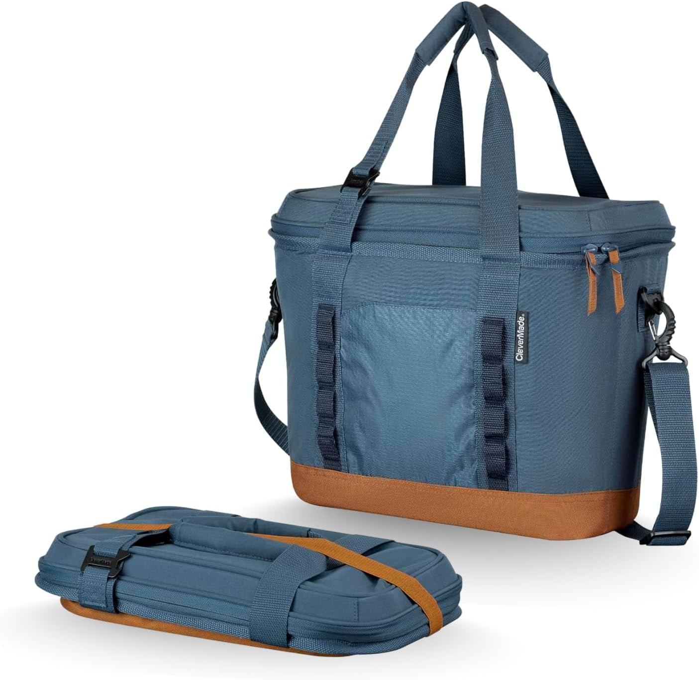 CleverMade 30 Can Soft-Sided Collapsible Insulated Cooler, Ocean/Cognac