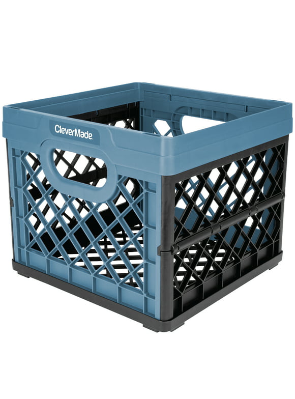 CleverMade Plastic Collapsible Milk Crate, Adult Folding Storage Bin, 6.6 gal Slate Blue