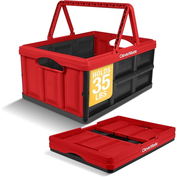 CleverMade Space-Saving Collapsible Shopping Basket 32L Foldable, Red 1 Pack
