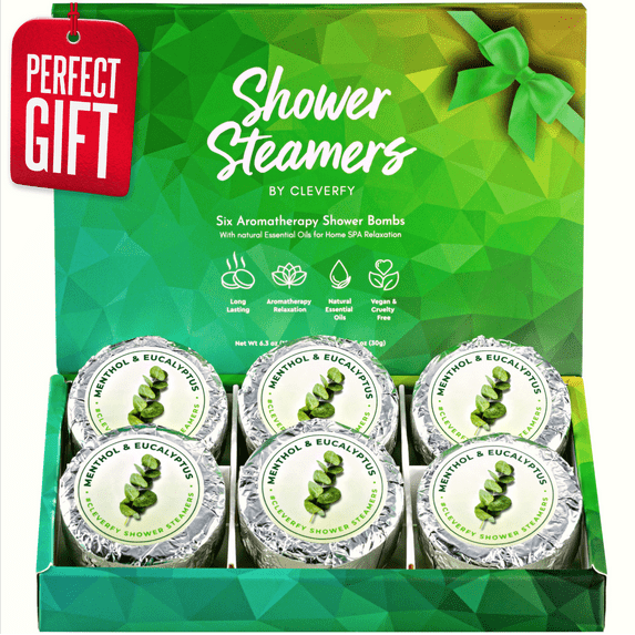 Cleverfy Shower Steamers Aromatherapy - 6 Shower Bombs with Essential Oils for Relaxation and Nasal Congestion. Eucalyptus and Menthol Shower Steamer