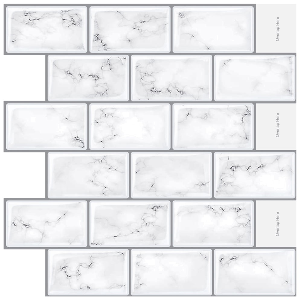 Clevermosaics Self Adhesive Peel and Stick White Marble Subway Vinyl Tiles - 10 Sheet