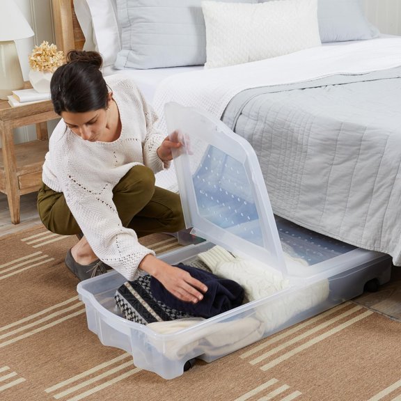 Cleverstore Clear Under Bed Storage Boxes with Wheels, Dual Hinged Lids, 2 Pack