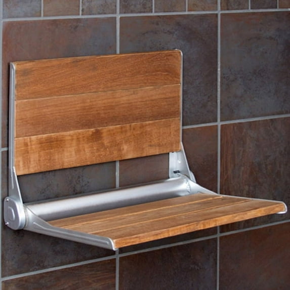 Clevr 18" Serena Folding Shower Bench Seat Modern Teak Wood Bath Medical Wall Mount, ADA Specs