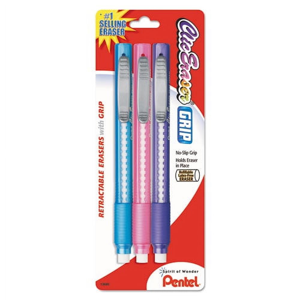 Clic Eraser Grip Eraser, For Pencil Marks, White Eraser, Randomly Assorted Barrel Colors (three-Colors), 3/pack | Bundle of 2 Packs