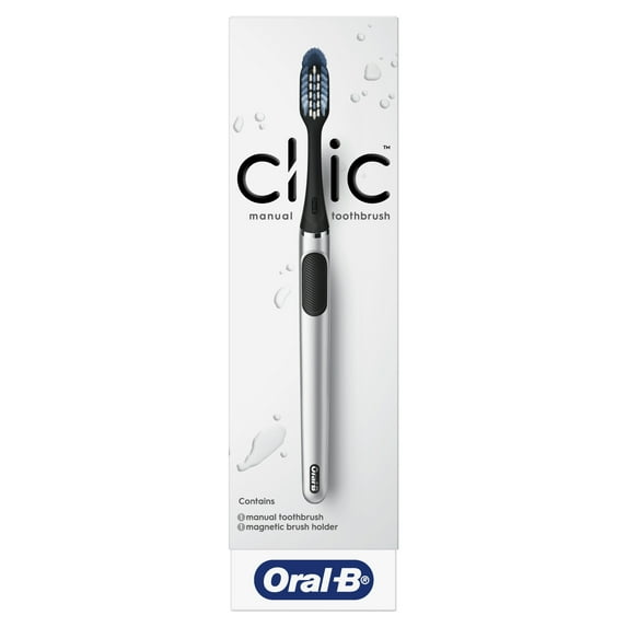 Clic Manual Toothbrush, Chrome Black, with 1 Replaceable Brush Head and Magnetic Holder