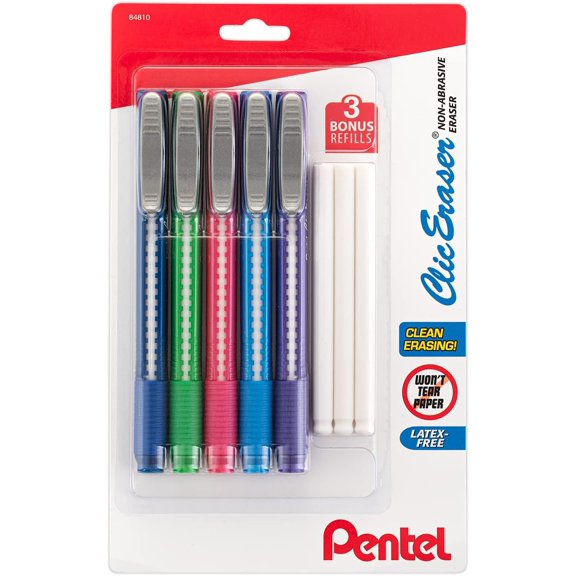 Clic Retractable Eraser, Assorted Colored Pen Style Grip Erasers, Pack of 5 + 3 Refills