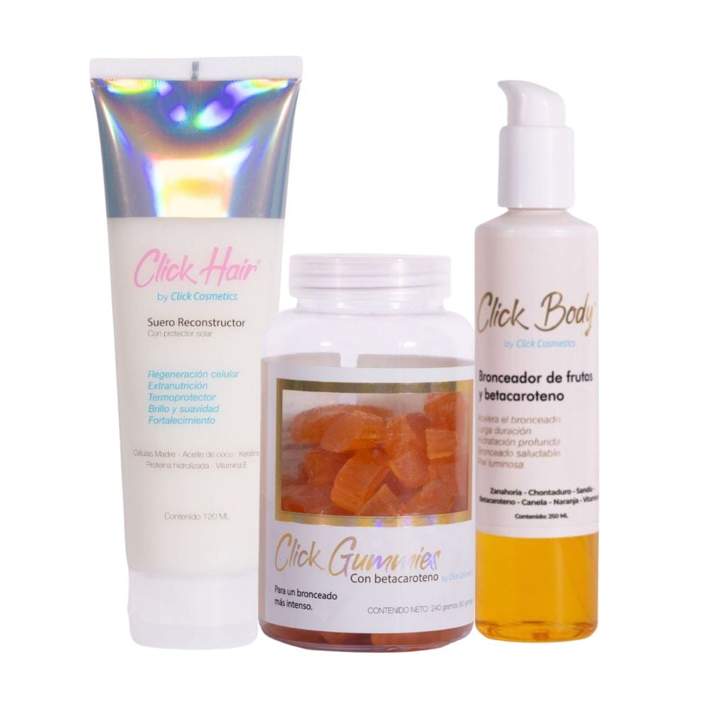 Click Hair Suero reconstructor, Gomitas de Betacaroteno y Bronceador de Frutas (3 Pack)