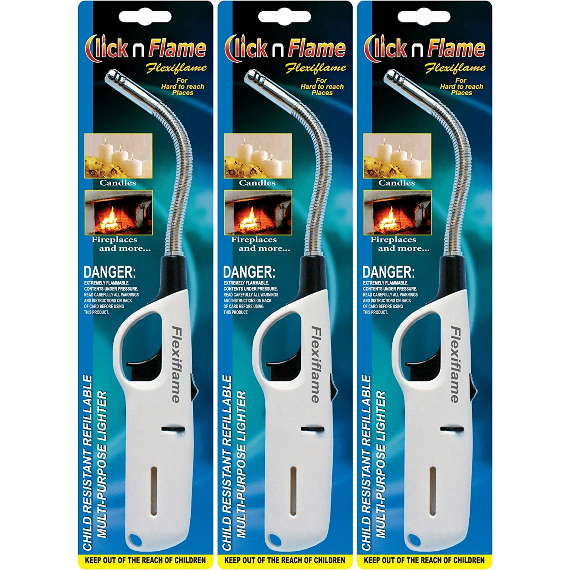 Click N Flame Lighter, Long Lighter for Candle, Grill, Flexible Refillable Butane Lighter for Camping, BBQ Lighters Bulk, Child Resistant Lighter - 3 Pack