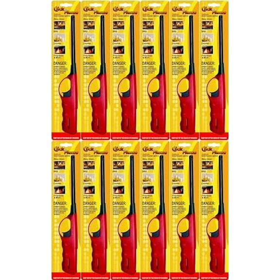 Click N Flame Lighter, Long Lighter for Candle Grill, Refillable Butane Lighter for Camping, BBQ Lighters Bulk - 12 Pack