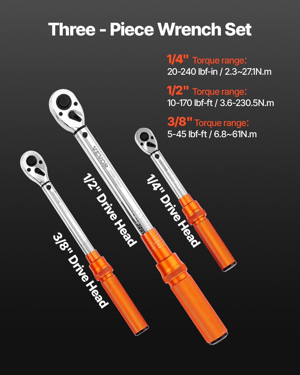 Click Type Torque Wrench Set, 3-Piece (1/4", 3/8", 1/2" Drive), Dual-Direction, 72-Tooth Gear, Precision Instrument