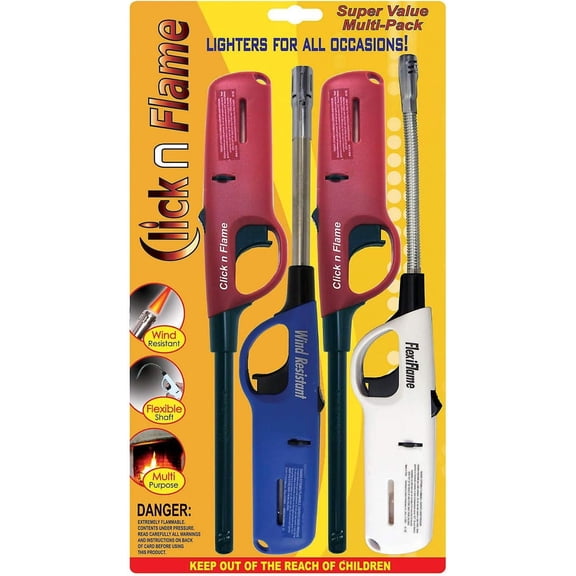 Click n Flame Utility Lighter 4-Pack for All Occasions Wind Resistant Flexible Shaft Multi Purpose Lighter BBQ Kitchen Candle Fireplace Grill Flexible Lighter