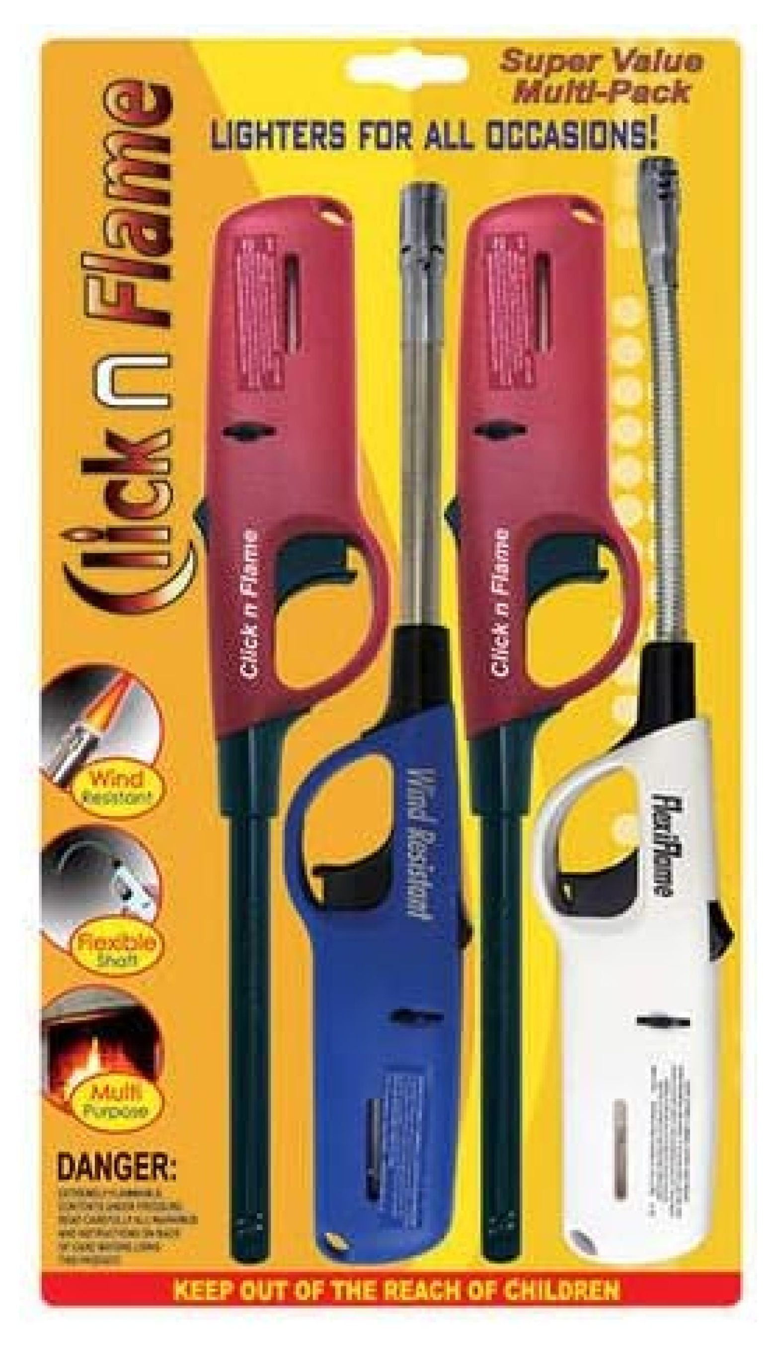 Click n Flame Utility Lighter 4-Pack for All Occasions Wind Resistant Flexible Shaft Multi Purpose Lighter BBQ Kitchen Candle Fireplace Grill Flexible Lighter