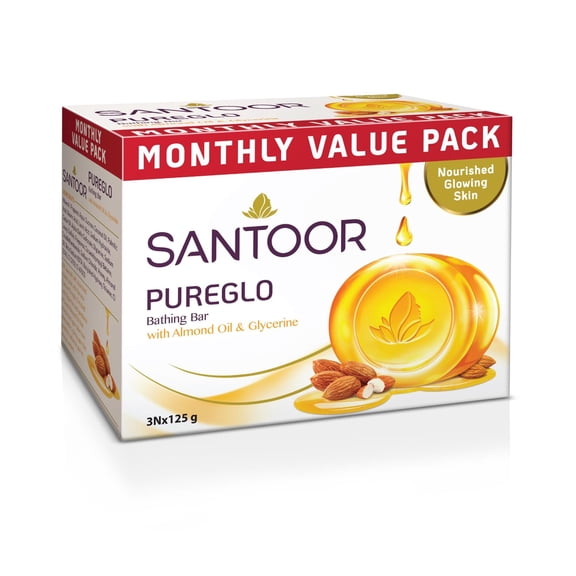 Santoor PureGlo Glycerine and Almond Oil Bar Soaps, 3 Pack, Honey Scented