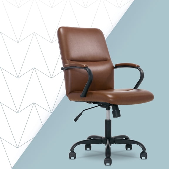 Click365 Modern Mid-Back Executive Office Chair, PU Vegan Leather Desk Chair with Fixed Arms, Adjustable Height, Tilt & 360° Swivel, Cognac Brown