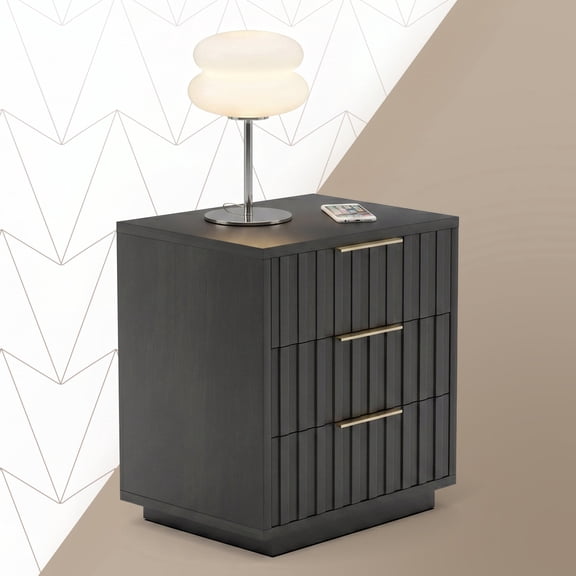 Click365 Strata 3-Drawer Wood Nightstand with Fluted Fronts and Gold Handles, Brown