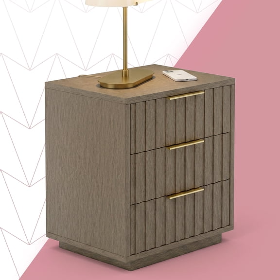 Click365 Strata 3-Drawer Wood Nightstand with Fluted Fronts and Gold Handles, Warm Brown