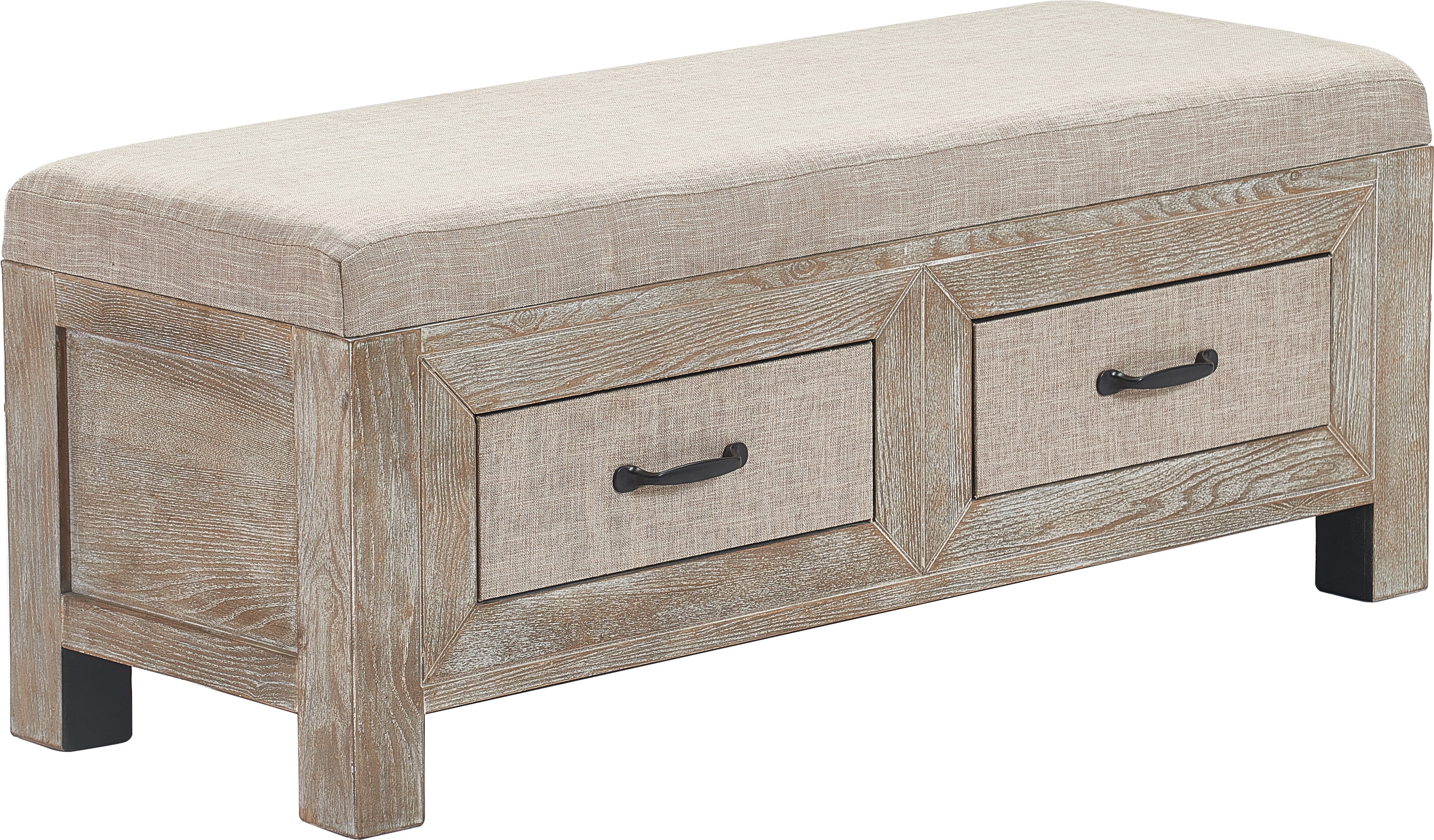 Weathered Ash Cottage-Inspired Upholstered Storage Bench with Black Metal Accents
