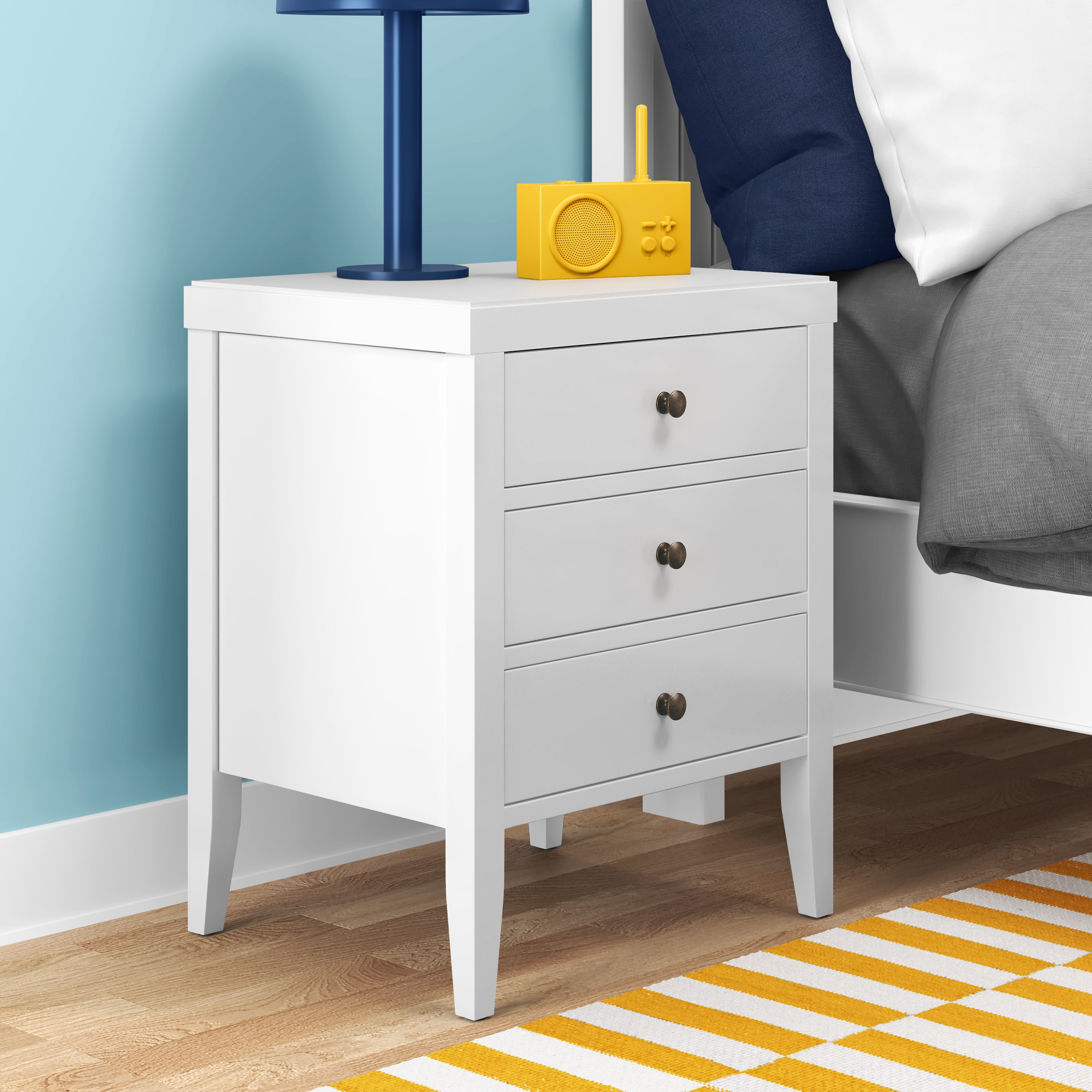 Finley White Solid Wood 3 Drawer Nightstand with Bronze Knobs