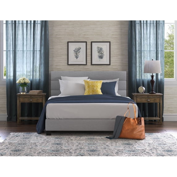 ClickDecor Hudson Upholstered Platform Bed with Straight Tufted Headboard, Mattress Foundation, No Box Springs Needed, Wood Frame Slat Support with Easy Assembly, Queen Size, Gray Weave