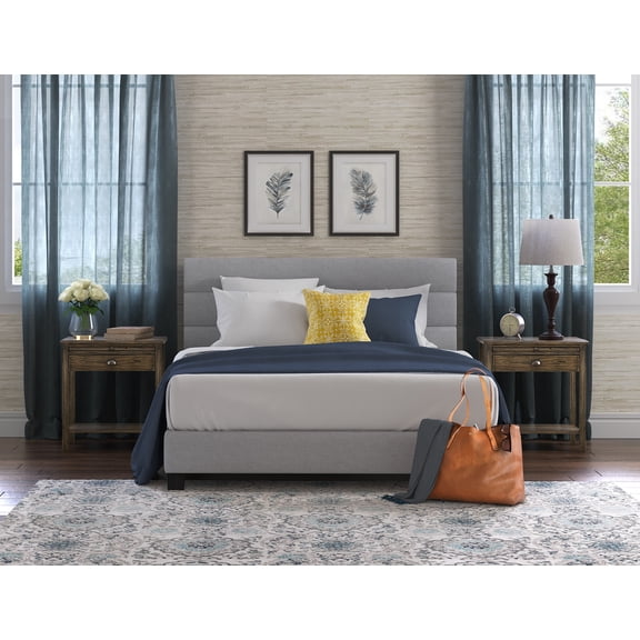 ClickDecor Hudson Upholstered Platform Bed with Straight Tufted Headboard, Gray Fabric Bed Frame with Wood Slats