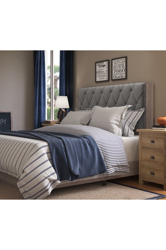 Kenton Contemporary Wood Veneer Tufted Platform Bed, Queen, Light Gray