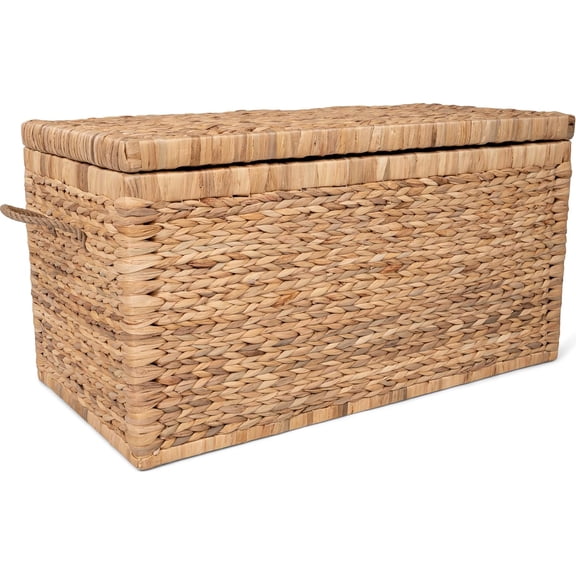 ClickDecor Storage Trunk, Farmhouse Style, Extra Large (33), Deep, Woven Wicker Chest With Metal Frame, 2 Handles, Flip Top Lid and Stay Open Safety Hinges, Sustainable Eco Material, Natural Wicker