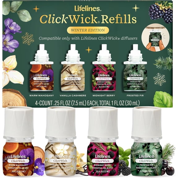 ClickWick Winter Edition Essential Oil Blend Collection, Long-Lasting Scented Fragrance for Aromatherapy, 4 Pack