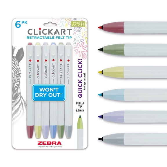Zebra Pen CLiCKART Retractable Felt Tip Marker, Medium Point 0.6mm, Pastel Colors, 6-Count