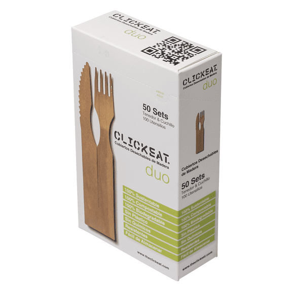 Clickeat Compostable Utensils Wooden Forks & Knifes Biodegradable Disposable Cutlery 50 Forks 50 Knifes Set 100 pcs Eco Friendly Compostable Silverware