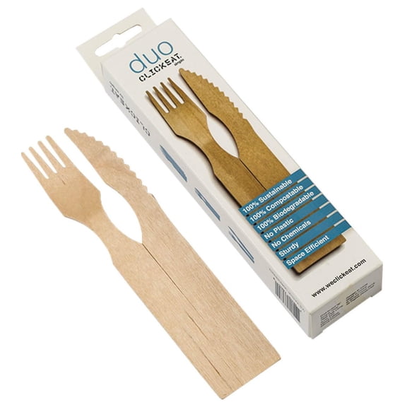 Clickeat WOCUB2B2C6.9"2110 Duo Wooden Cutlery Set, 10 Units, 100% Compostable, Easy to Store, Stackable, Cutlery Set for Sustainable Dining Solutions