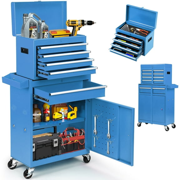 Clickoods 5-Drawer Rolling Tool Chest with Lockable Toolbox, Large Capacity Metal Tool Cabinet with Detachable Top Box, Storage Organizer for Garage & Workshop, Blue