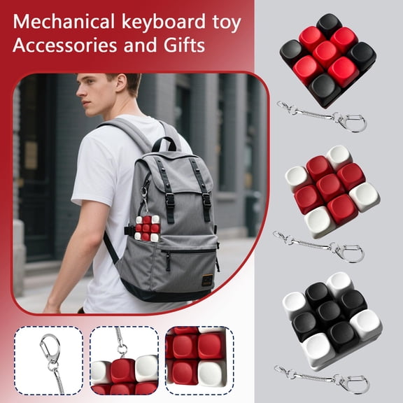 Clicky Keyboard Squeeze, Keyboard Squeeze Keychain, Sensory Toy, Stress Toy, 9 Keycap Set, Tactile Tapping, Keychain Squeeze, Portable Carry, Red White, Party Favor, Gift
