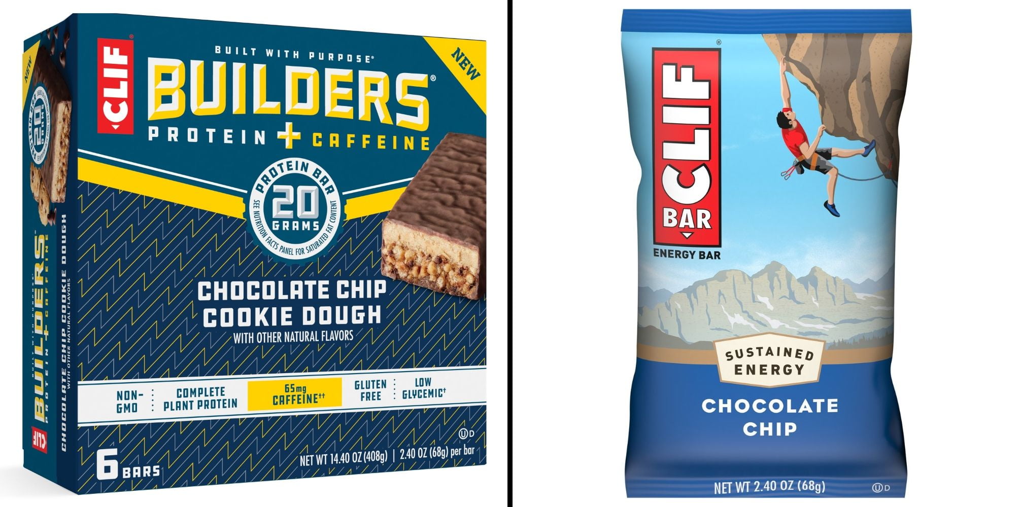 Clif Builders 20g Protein Chocolate Chip Cookie Dough 6 ct & Clif Bar Energy Bar - Chocolate Chip 2.4 oz