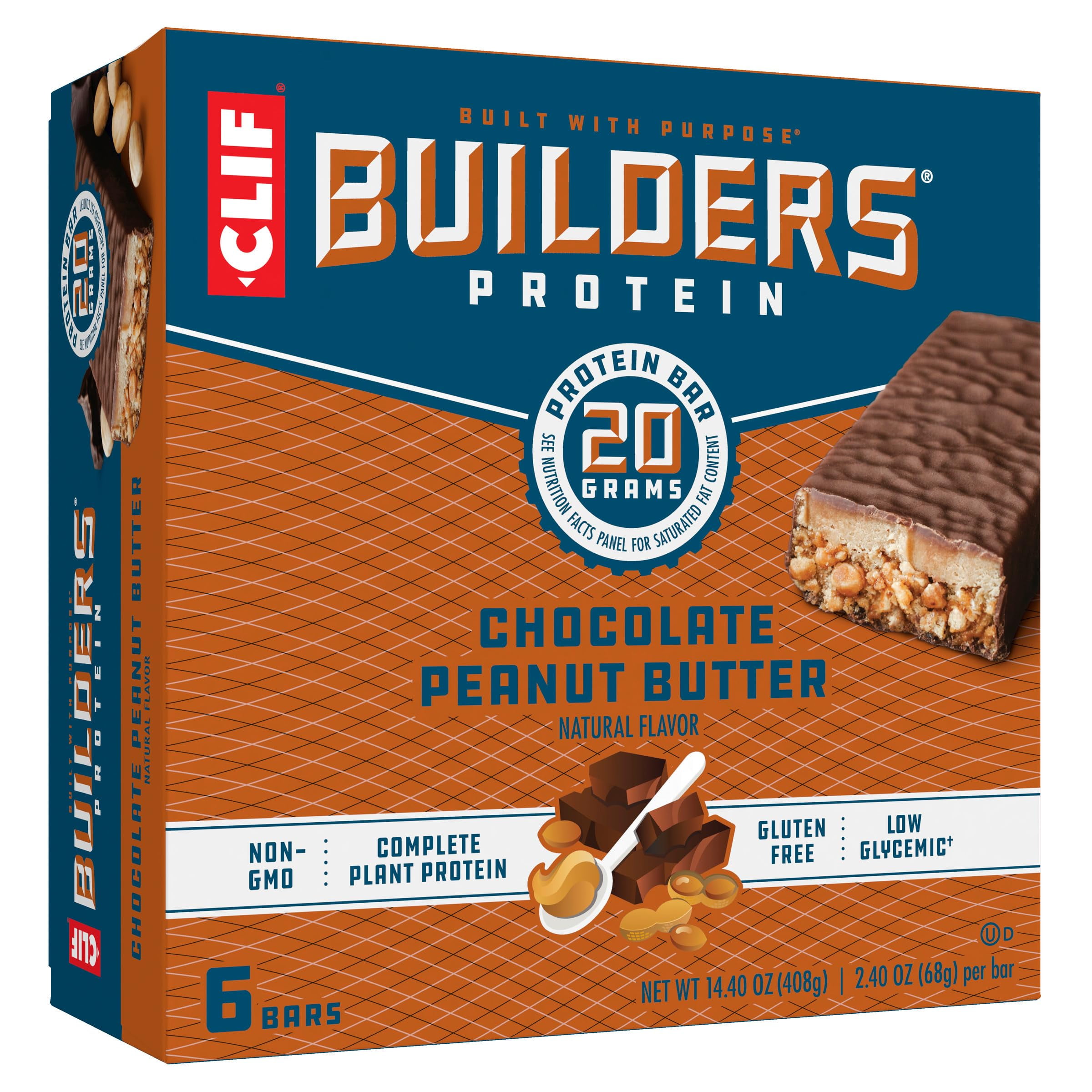 Clif Builders - Chocolate Peanut Butter Flavor - Protein Bars - Gluten-Free - Non-Gmo - Low Glycemic - 20G Protein - 2.4 Oz. (6 Pack)