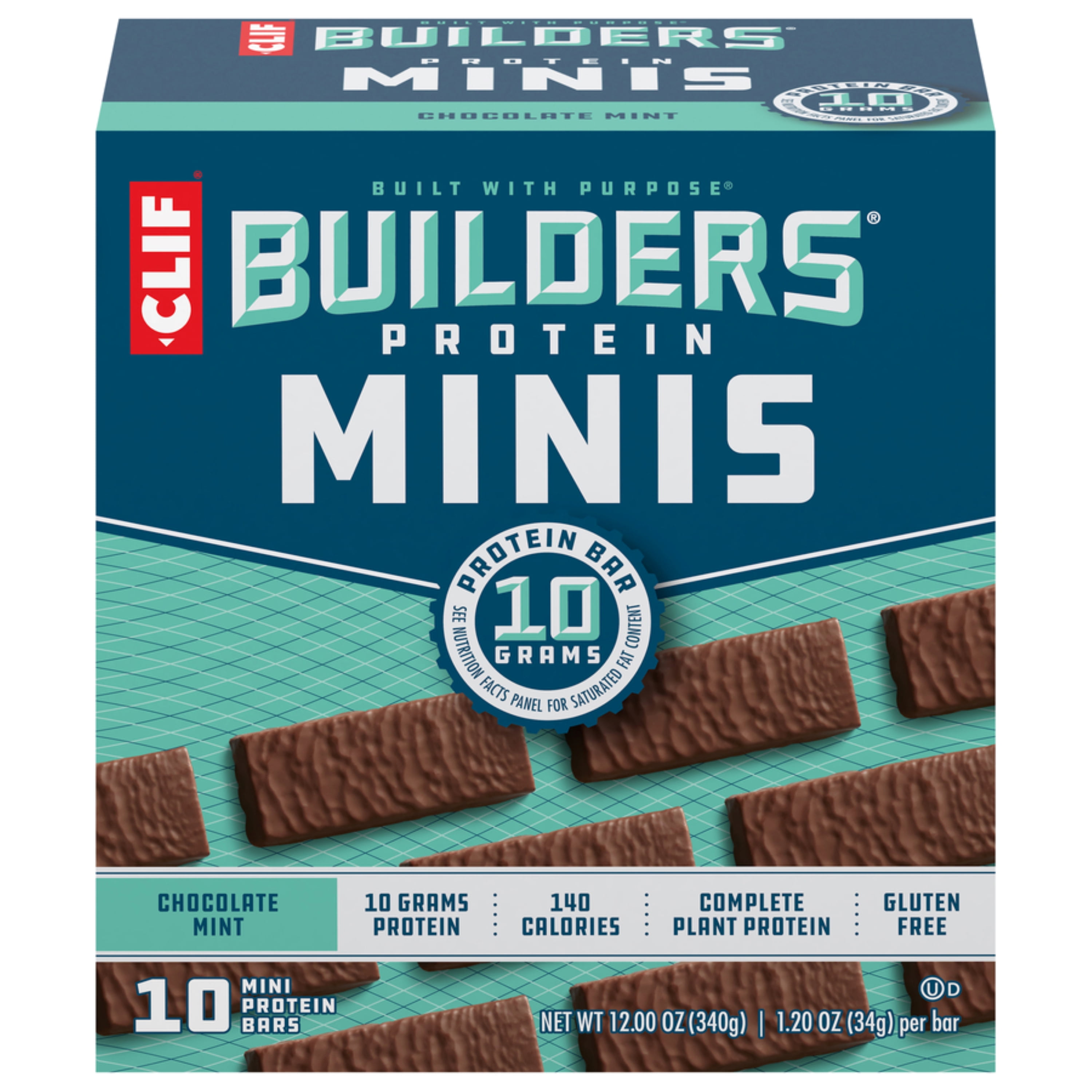 Clif Builders Minis - Chocolate Mint Flavor - Mini Protein Bars - 10g Protein - 1.2 oz. (10 Pack)