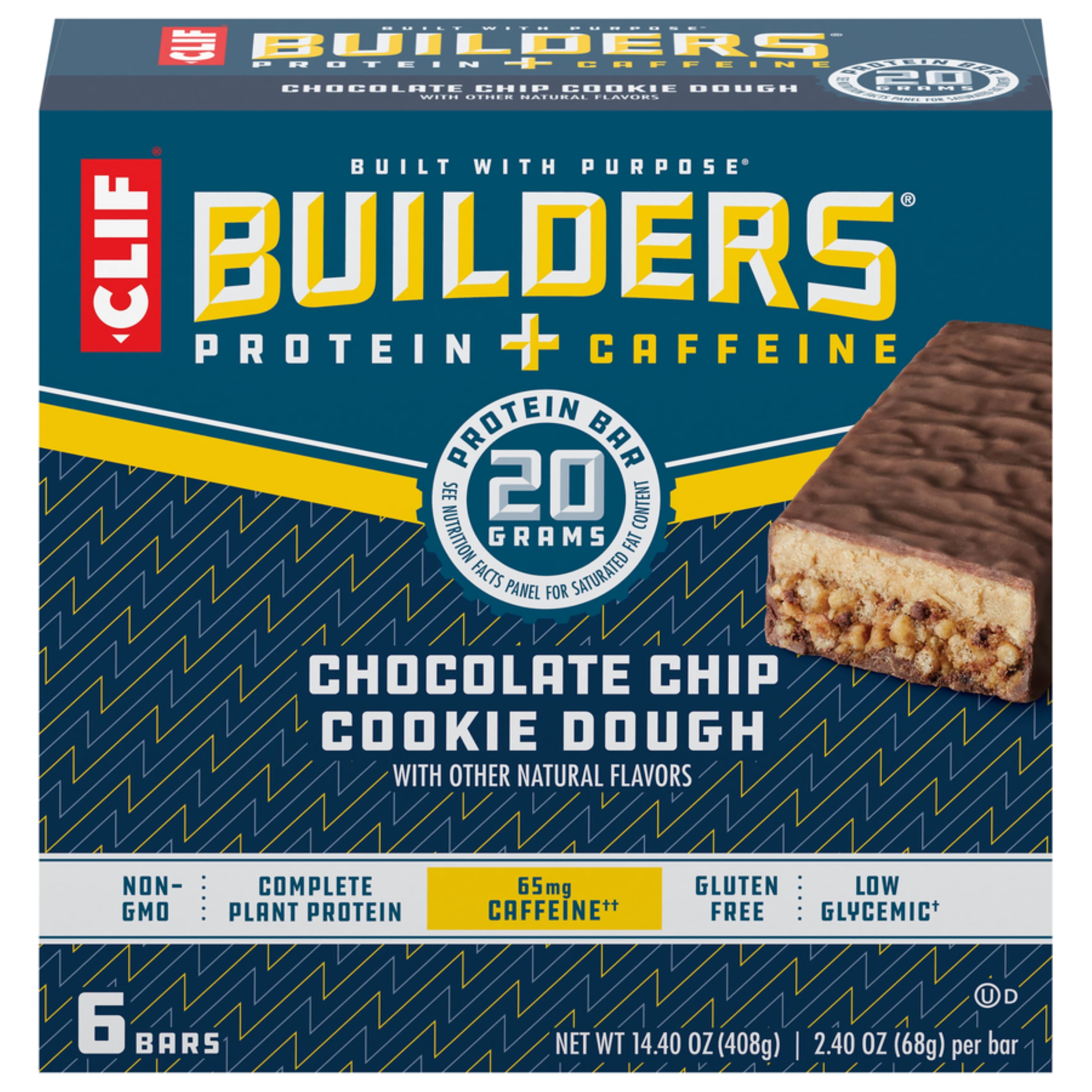 Clif Builders Protein Bar with Caffeine Chocolate Chip Cookie Dough, 6