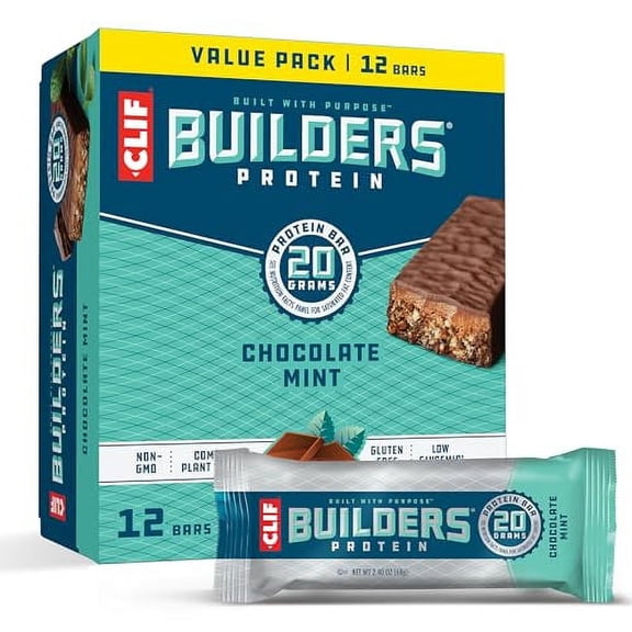 CLIF BUILDERS Protein Bars - Chocolatey Mint - 20g Plant Based Protein - Gluten Free - Non-GMO - Low Glycemic - No Artificial Sweeteners - 2.4 oz. (12 Pack)