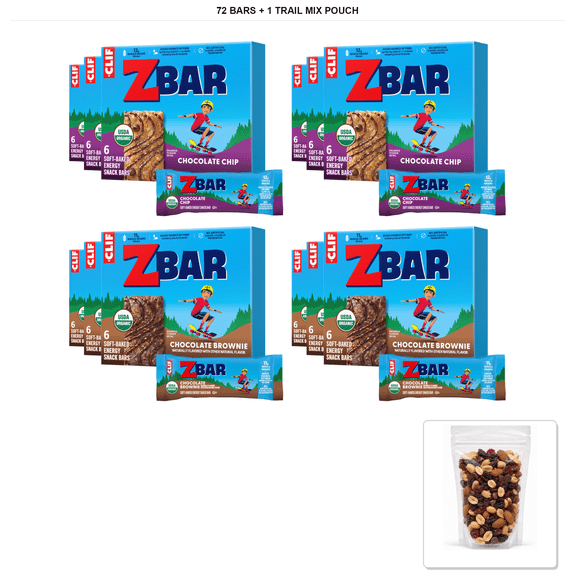 Clif Kid Zbar Chocolate Chip & Chocolate Brownie Soft-Baked Bar Variety Pack, 72 Bars, 1.27 oz Each with 1 Bybies Trail Mix Pouch, 2 oz