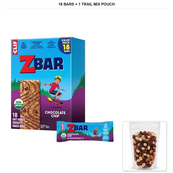 Clif Kid Zbar Chocolate Chip, Soft-Baked Granola Bars, 18 Bars with 1 Bybies Trail Mix Pouch, 2 oz