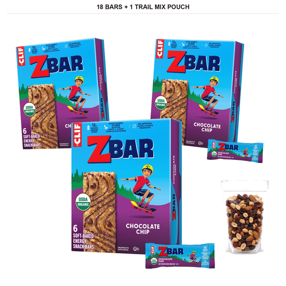 Clif Kid Zbar Chocolate Chip, Soft-Baked Granola Bars, 18 Bars with 1 Bybies Trail Mix Pouch, 2 oz