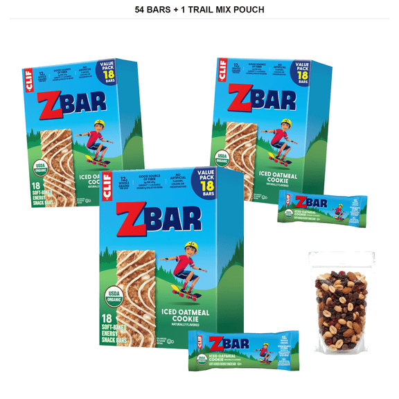 Clif Kid Zbar Iced Oatmeal Cookie, Soft Baked Snack Bars, 54 Bars, 1.27 oz Each with 1 Bybies Trail Mix Pouch, 2 oz