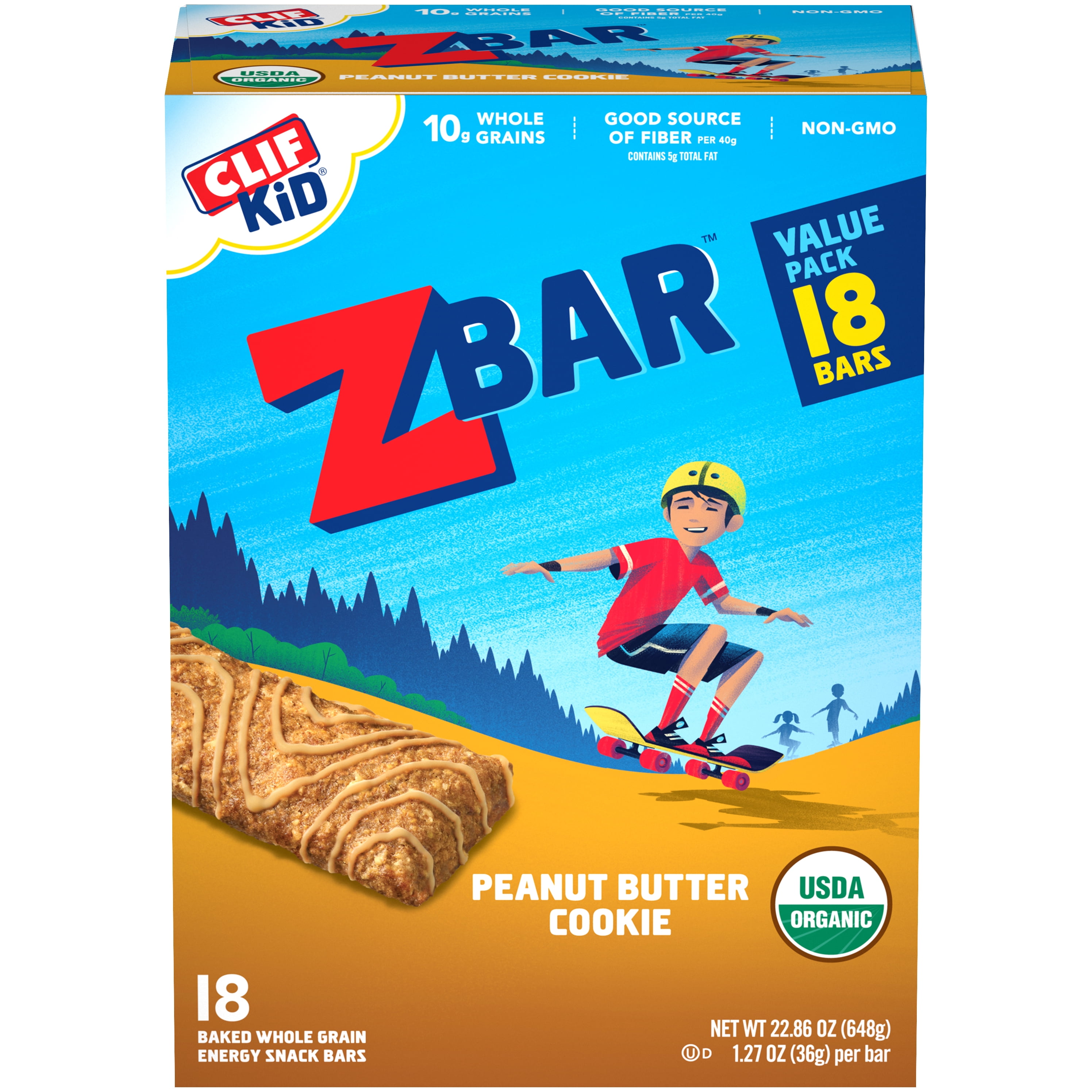 Clif Kid Zbar, Organic, Whole Grain Energy Snack Bars, Granola Bars, Peanut Butter Cookie, 18 Ct, 1.27 oz