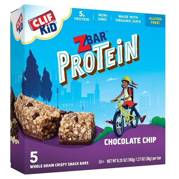 Clif Kid Zbar Protein - Chocolate Chip - Crispy Whole Grain Snack Bars - Made With Organic Oats - Non-Gmo - 5G Protein - 1.27 Oz. (5 Pack) Packaging May Vary - Pack of 3