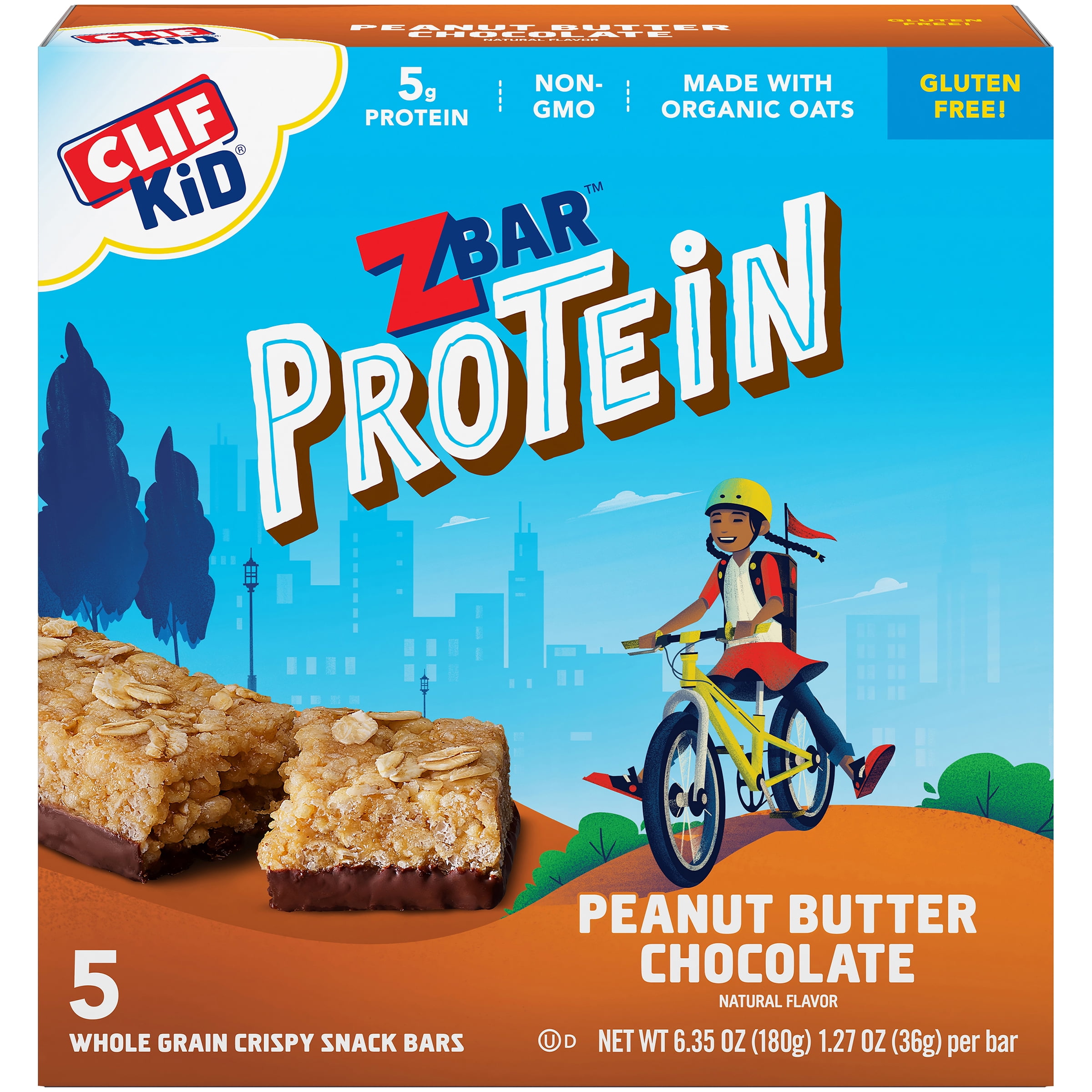 Clif Kid Zbar Protein Granola Bars, Gluten Free, Peanut Butter Chocolate, 5 Ct, 1.27 oz