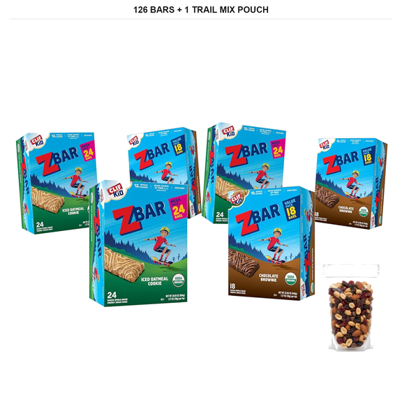 Clif Kid Zbar Soft-Baked Bars, Iced Oatmeal Cookie 72 Bars & Chocolate Brownie 54 Bars, 1.27 oz Each with 1 Bybies Trail Mix Pouch, 2 oz